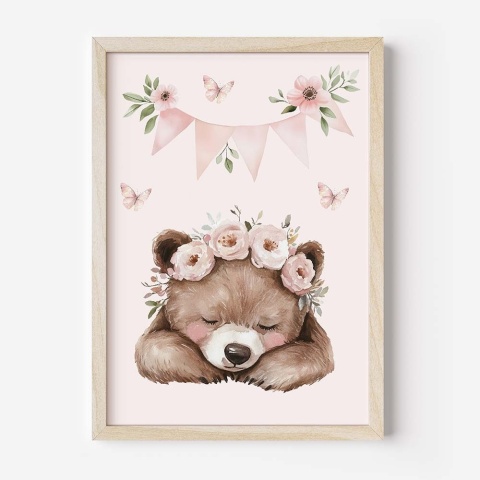 plakat dla dziewczynki miś z kwiatami pastelowa ilustracja do pokoju dziecka