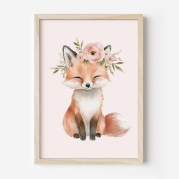 plakat lisek z wiankiem pastelowy obrazek do pokoju dziewczynki ilustracja dla dzieci
