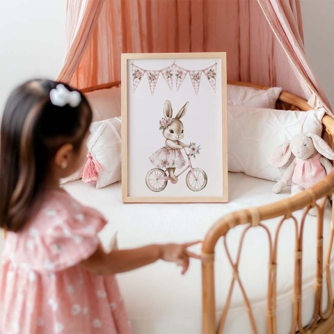 plakat króliczek dziewczynka na rowerku dekoracja ścienna pastelowa do pokoju dziecka boho
