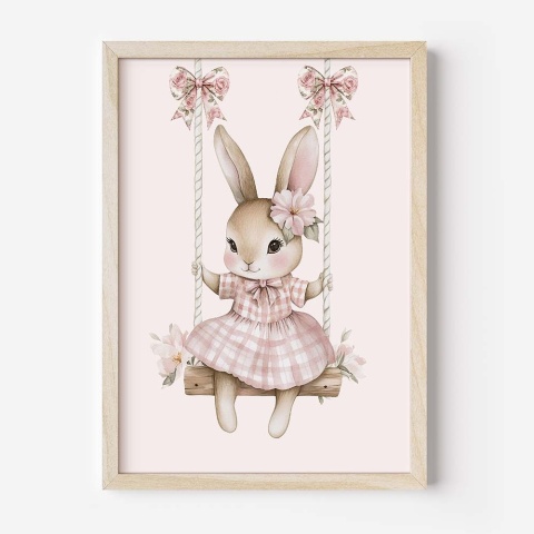 plakat króliczek na huśtawce pastelowy dla dziewczynki obrazek do pokoju dziecka