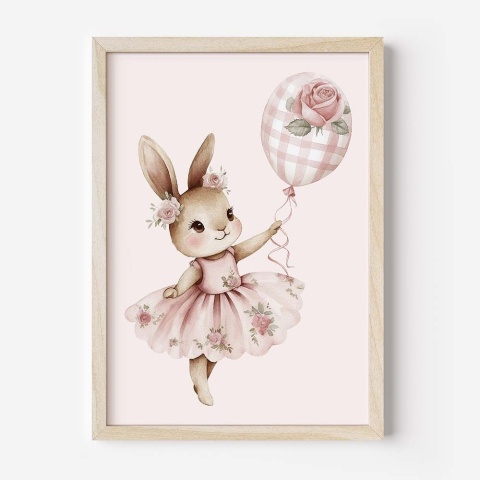 plakat króliczek z balonem pastelowy dla dziewczynki obrazek do pokoju dziecka