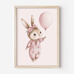 plakat pastelowy króliczek z balonem dla dziewczynki dekoracja do pokoju dziecka