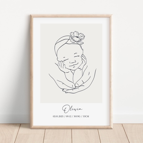 Minimalistyczny plakat dla noworodka przedstawiającym śpiące dziecko w dłoniach, z personalizowaną metryczką i imieniem