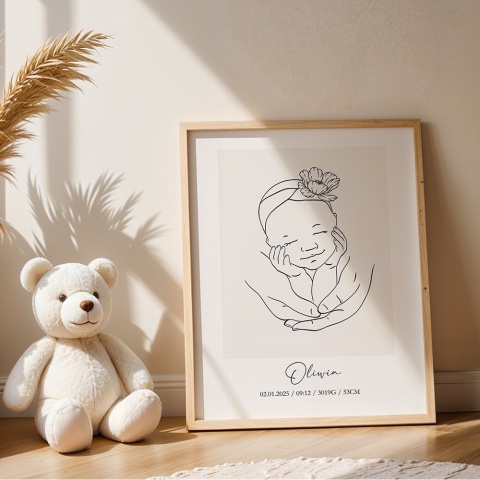 Personalizowany plakat z metryczką dziecka – portret noworodka z imieniem, datą urodzenia, godziną, wagą i wzrostem.