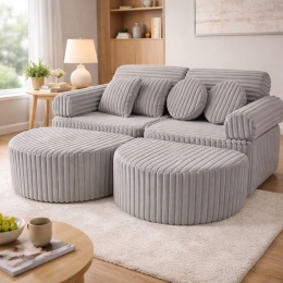 Sztruksowa sofa modułowa Churros z pufami w nowoczesnym salonie
