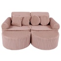 Różowa sofa modułowa sztruksowa Churros z pufami i poduszkami