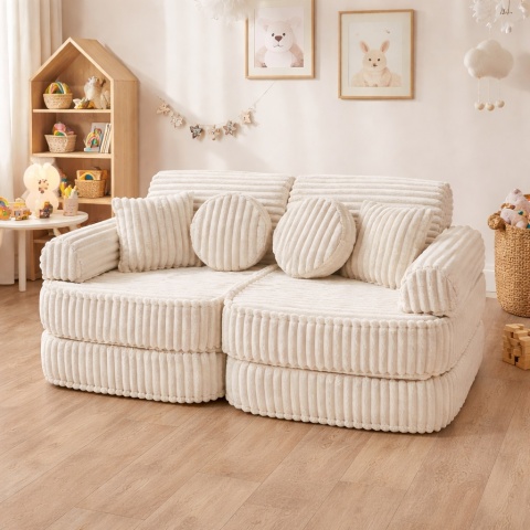 Modułowa sofa dziecięca Churros z prążkowanego sztruksu w kolorze kremowym w pokoju dziecięcym