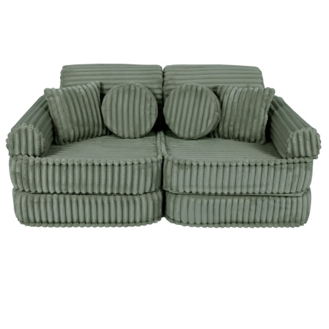 Zielona sofa modułowa dla dziecka z prążkowanego sztruksu Churros z poduszkami