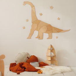 Drewniana dekoracja ścienna w kształcie dinozaura w pokoju dziecięcym, naturalna ozdoba do pokoju malucha w stylu skandynawskim