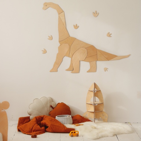 Drewniana dekoracja ścienna w kształcie dinozaura w pokoju dziecięcym, naturalna ozdoba do pokoju malucha w stylu skandynawskim