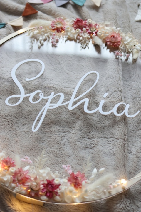Dekoracja z imieniem Sophia – wianek z kwiatami, ozdoba na baby shower i do pokoju dziecka