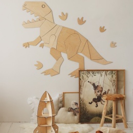 Drewniana dekoracja ścienna dinozaur tyranozaur w pokoju dziecka, naturalna ozdoba z motywem dinozaurów