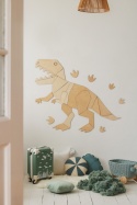 Drewniany dinozaur tyranozaur na ścianie w pokoju dziecka z dodatkowymi śladami dinozaura