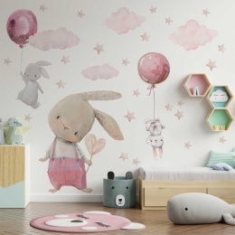 naklejka ścienna dla dzieci różowe króliczki balony gwiazdy chmurki pastelowa