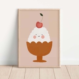Pastelowy plakat dla dzieci z lodowym deserem i wisienką, urocza ilustracja w stylu skandynawskim, dekoracja do pokoju dziecka