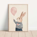 Pastelowy plakat dla dzieci z uroczym królikiem trzymającym różowy balon, w pasiastym sweterku z serduszkiem