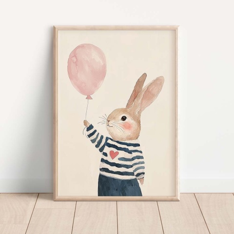 Pastelowy plakat dla dzieci z uroczym królikiem trzymającym różowy balon, w pasiastym sweterku z serduszkiem
