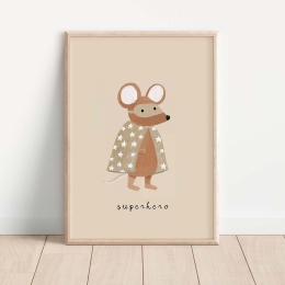 „Plakat dla dzieci myszka superhero w pelerynie w stylu skandynawskim, minimalistyczna ilustracja