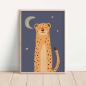 Ilustracja geparda na tle nocnego nieba z księżycem i gwiazdami, plakat dziecięcy w stylu minimalistycznym