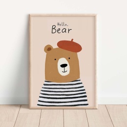 Plakat z misiem w berecie i napisem Hello Bear, ilustracja dziecięca w stylu skandynawskim na jasnym tle