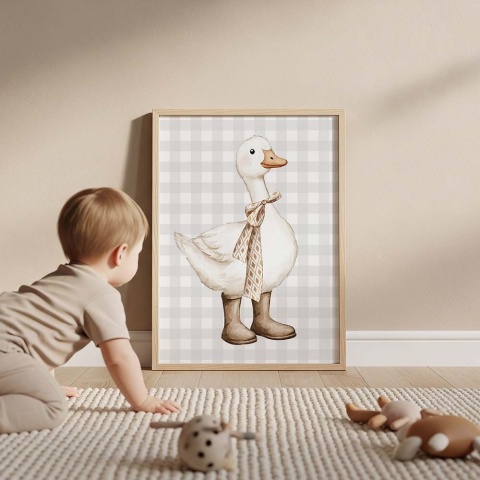 Plakat dziecięcy z gąską w kaloszach i kokardzie, ilustracja akwarelowa w neutralnych pastelowych kolorach