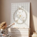 Plakat dziecięcy z gąską w ozdobnej ramce i kokardą, ilustracja akwarelowa z kwiatami w pastelowych kolorach