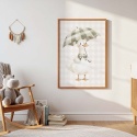 Plakat dziecięcy z gąską pod parasolką, ilustracja akwarelowa w pastelowych zielonych i beżowych kolorach