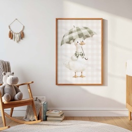Plakat dziecięcy z gąską pod parasolką, ilustracja akwarelowa w pastelowych zielonych i beżowych kolorach