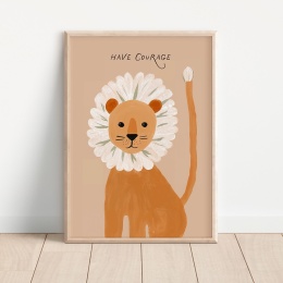 Plakat dla dzieci lew z napisem Have Courage w stylu skandynawskim, minimalistyczna ilustracja