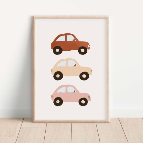 Plakat z samochodami dla dzieci, trzy auta w pastelowych kolorach, styl retro