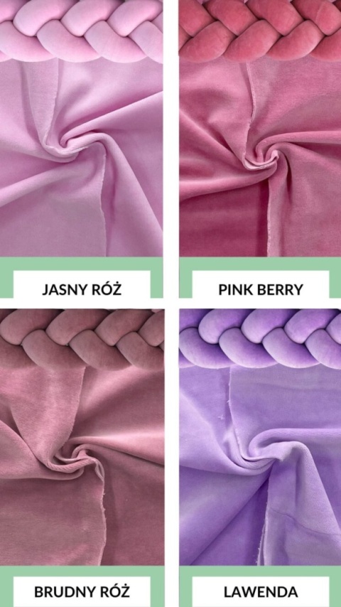 Kolory ochraniacza warkocz jasny róż pink berry brudny róż lawenda welur