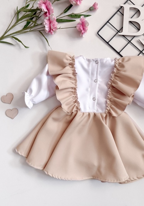 Beżowa elegancka sukienka dla dziewczynki w stylizacji z kwiatami