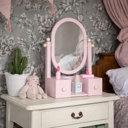 Drewniana toaletka dla dzieci w kolorze różowym z lusterkiem i szufladkami