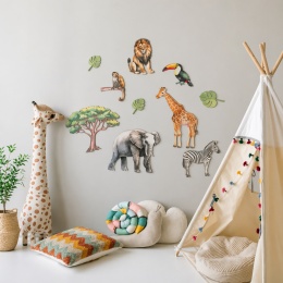 Naklejki safari dla dzieci – lew, żyrafa, słoń i zebra dekoracja ścienna do pokoju dziecka