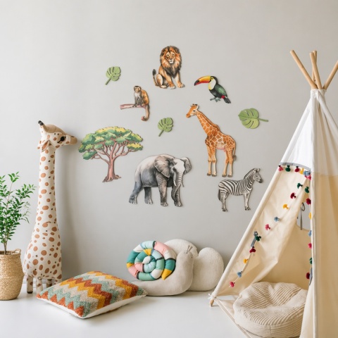 Naklejki safari dla dzieci – lew, żyrafa, słoń i zebra dekoracja ścienna do pokoju dziecka