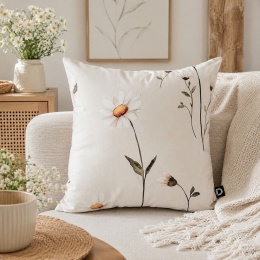 Beżowa poduszka dekoracyjna w stokrotki SPRING SP25 w jasnej naturalnej aranżacji salonu