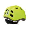 Kask rowerowy dziecięcy BOBIKE Neon Yellow widok z tyłu z regulacją DIAL i odblaskami