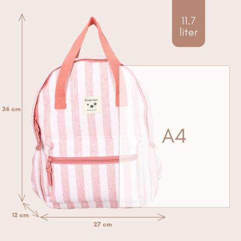 Plecak dziecięcy Kidzroom różowy w paski – wymiary plecaka 36x27x12 cm i pojemność 11,7 l.