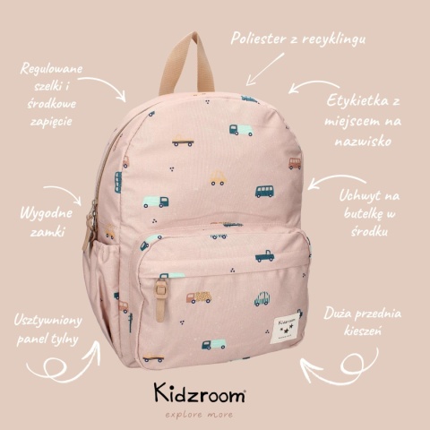 Plecak dziecięcy Kidzroom w autka – funkcjonalny plecak z regulowanymi szelkami i kieszeniami.