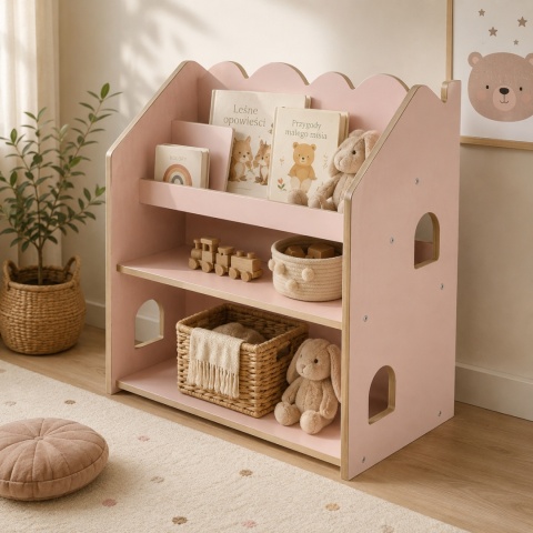 Różowa biblioteczka Montessori dla dzieci w kształcie domku w pokoju dziecięcym
