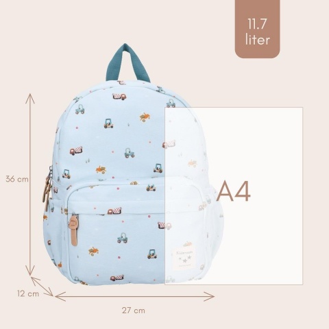Wymiary plecaka dziecięcego Kidzroom Blue Vehicles – pojemny plecak mieszczący format A4
