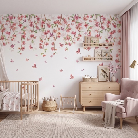 Tapeta Sakura z różowymi kwiatami wiśni i ptaszkami w pokoju dziewczynki