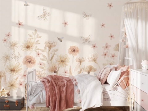 Pastelowa tapeta kwiatowa do pokoju dziewczynki w stylu boho