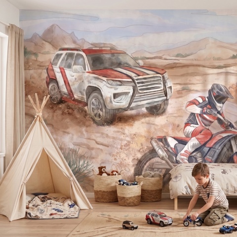 Fototapeta motocross do pokoju chłopca z autem, quadem i pustynnym krajobrazem – wyjątkowa dekoracja dla fana pojazdów.