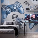 Niebieska tapeta gaming Game Zone do pokoju chłopca z motywem padów do konsoli