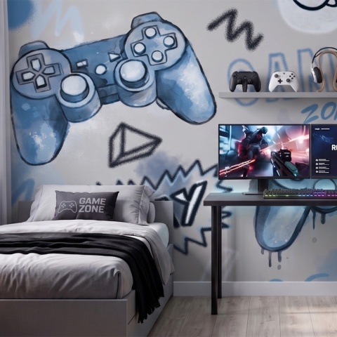 Niebieska tapeta gaming Game Zone do pokoju chłopca z motywem padów do konsoli