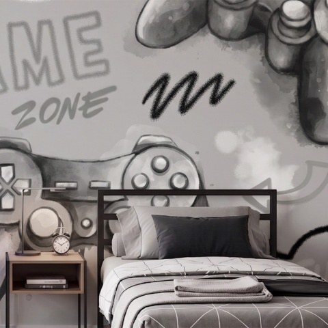 Tapeta gaming Game Zone do pokoju chłopca z motywem padów i konsoli