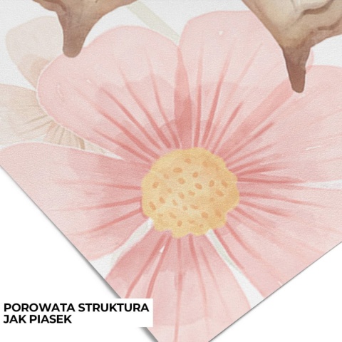 Zbliżenie struktury tapety z motylami i różowym kwiatem