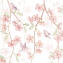 Tapeta Sakura z kwiatami wiśni, ptaszkami i motylami w pastelowych kolorach