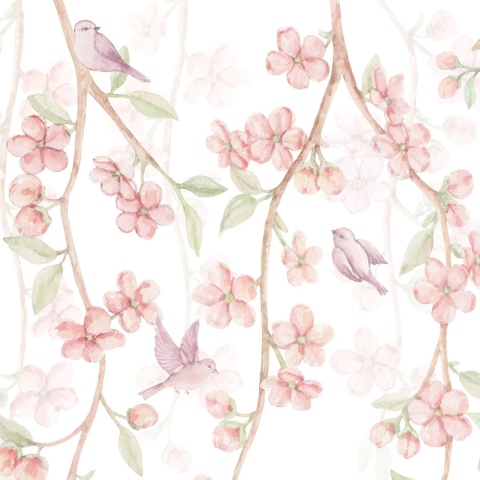 Tapeta dla dzieci sakura pastelowa – kwiaty wiśni, ptaszki i motyle akwarelowa